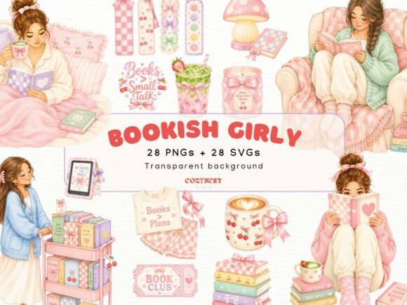Download Cozy Bookish Girl Watercolor Clipart PNG - Book Collection
